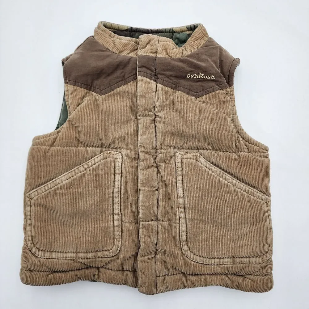 Oshkosh Reversible green camo camouflage/corduroy tan vest‎ Boys size 18 months